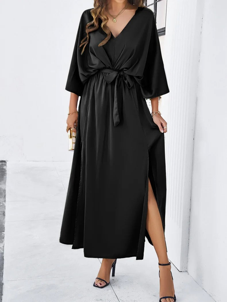 Taupe Belted Wrap Dress with an Adjustable Tie Waist