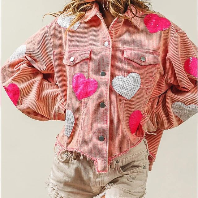 Heart Sequin Corduroy Bomber Jacket for Women