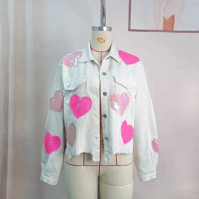 Heart-Embellished Corduroy Jacket with Sequin Detail