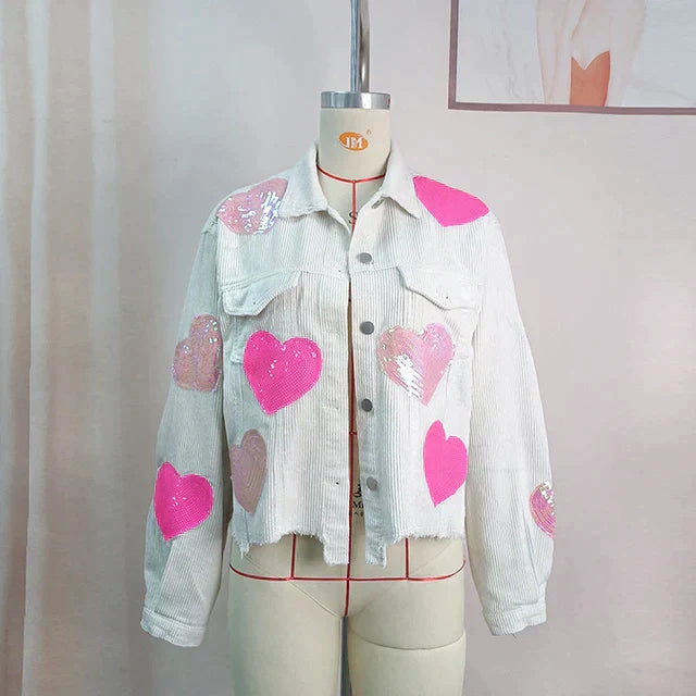 Heart Sequin Corduroy Bomber Jacket for Women