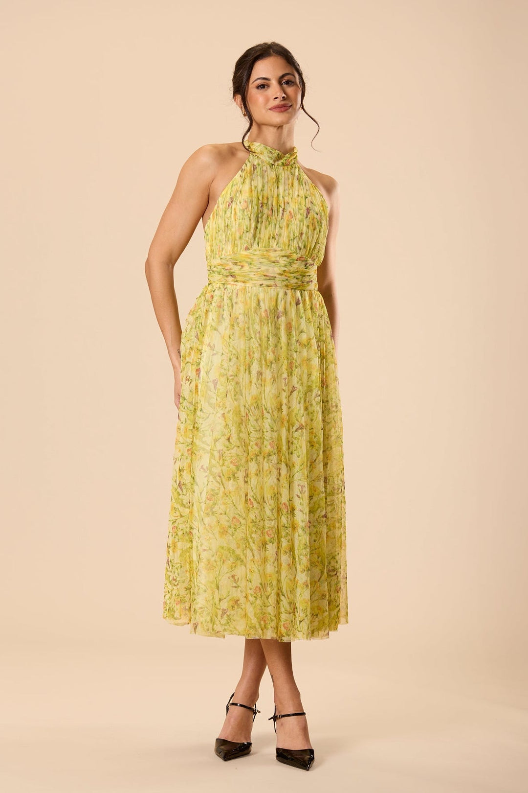 Vera Tulle Midi Dress in Yellow Floral for Women