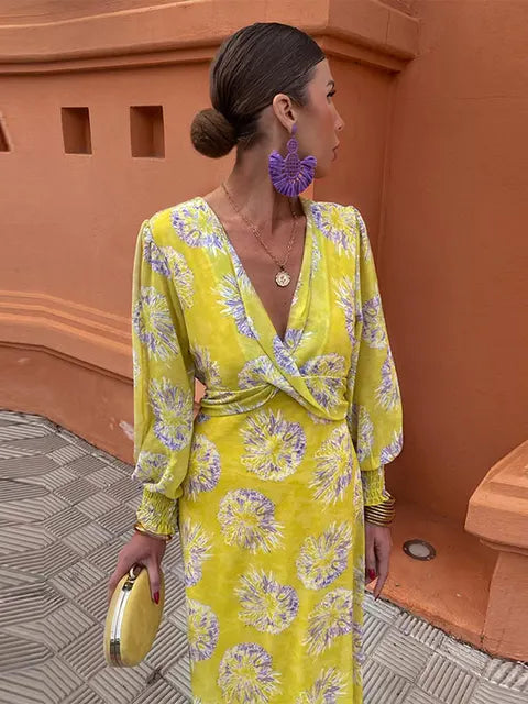 Twisted Front Midi Dress in Forest Green and Mustard