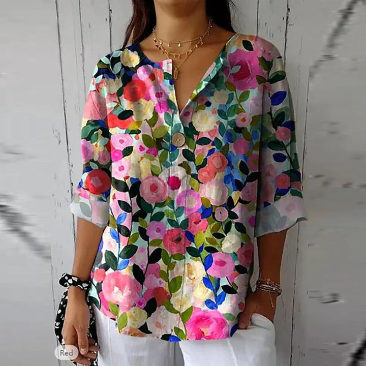 Floral Cotton Blouse with Button Placket for Women