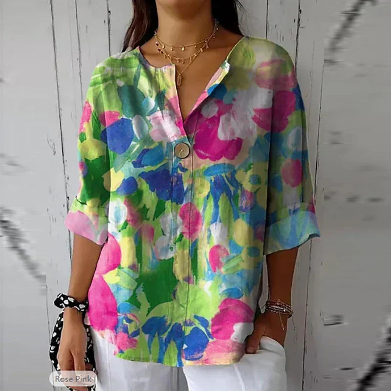 Floral Cotton Blouse with Button Placket for Women