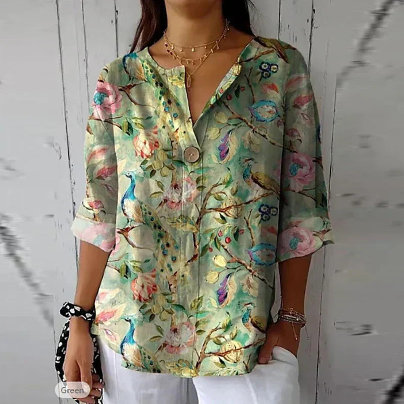 Floral Cotton Blouse with Button Placket for Women