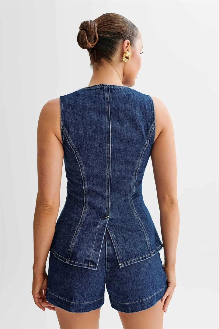Denim Two-Piece Set - Sleeveless Top and Wide Shorts
