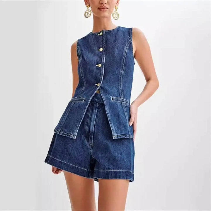 Denim Two-Piece Set - Sleeveless Top and Wide Shorts