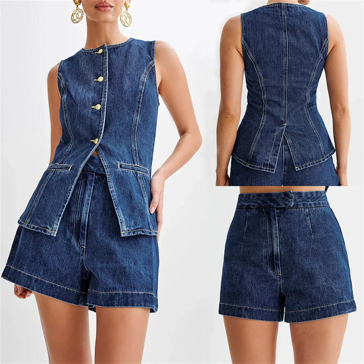 Denim Two-Piece Set - Sleeveless Top and Wide Shorts