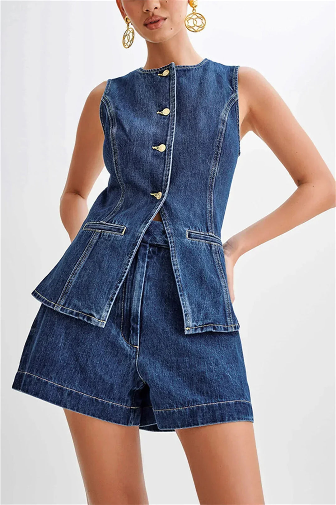 Denim Two-Piece Set - Sleeveless Top and Wide Shorts