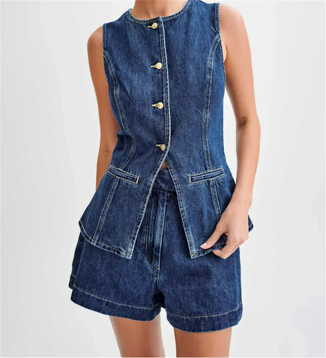 Denim Two-Piece Set - Sleeveless Top and Wide Shorts