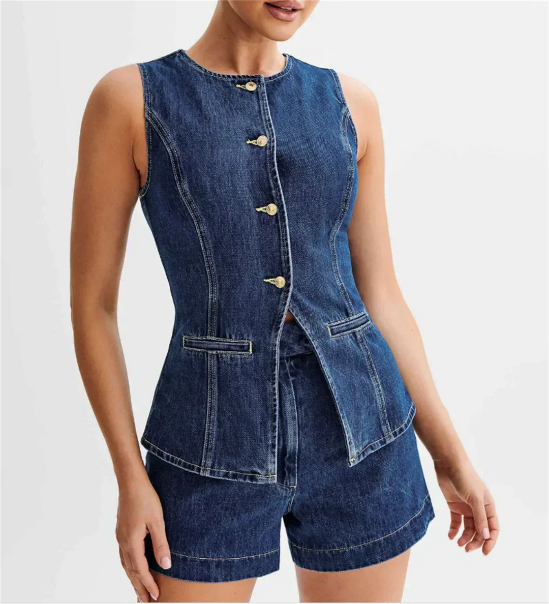 Denim Two-Piece Set - Sleeveless Top and Wide Shorts