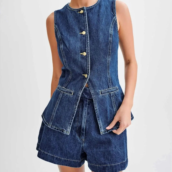 Denim Two-Piece Set - Sleeveless Top and Wide Shorts
