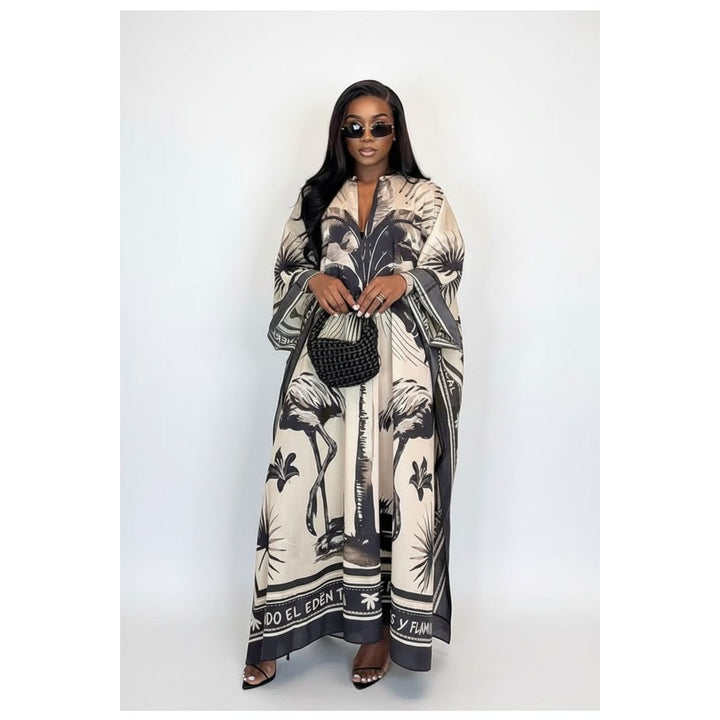 Off White Tropical Print Kaftan Dress for Women