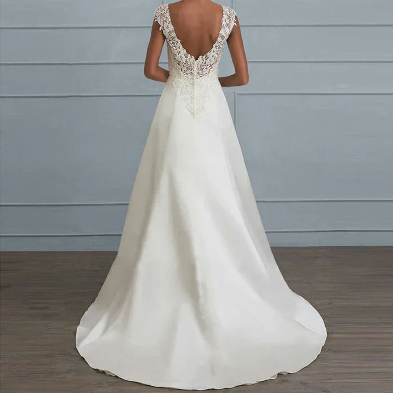 Floral Lace Wedding Dress with Full-Length Skirt for Women