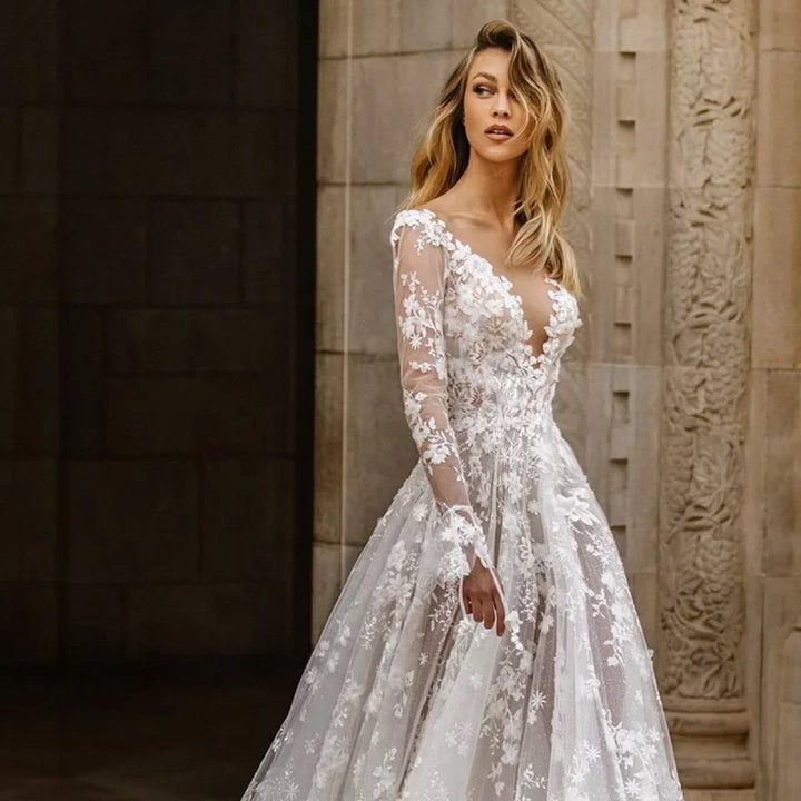 Floral Lace Wedding Dress with Full-Length Skirt for Women