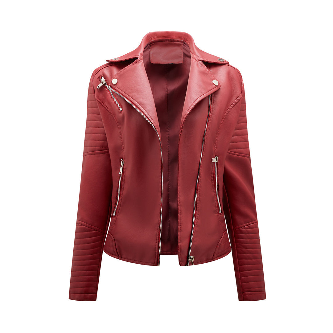 Asymmetric Zip PU Jacket with Lapel Collar for Women
