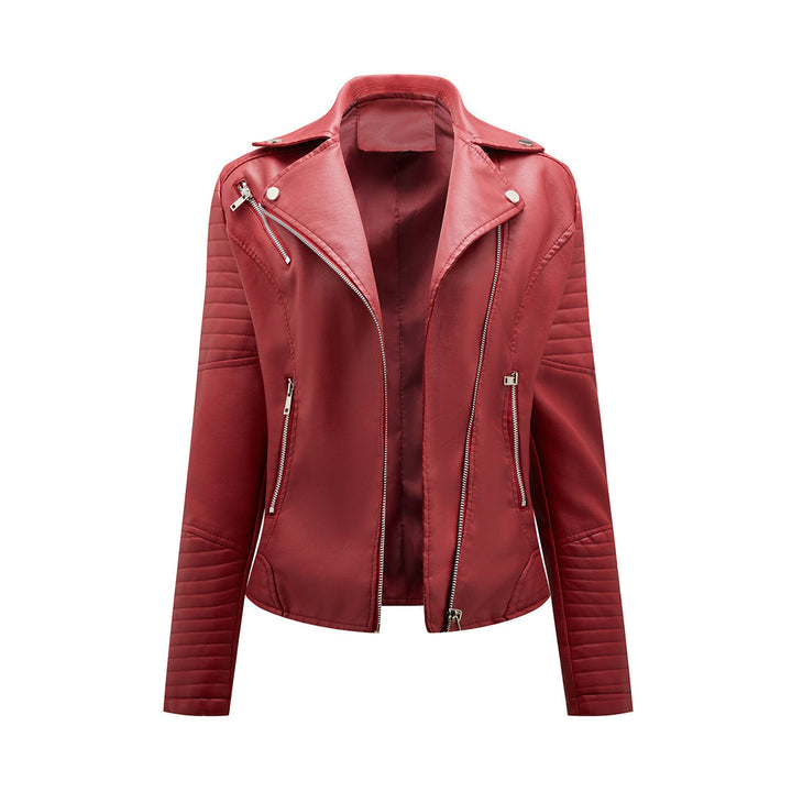 Asymmetric Zip PU Jacket with Lapel Collar for Women