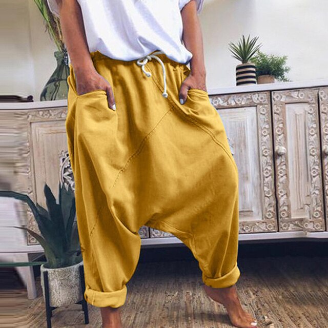 Wide-Leg Harem Trousers with a Dropped-Crotch Cut