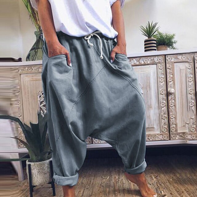 Wide-Leg Harem Trousers with a Dropped-Crotch Cut