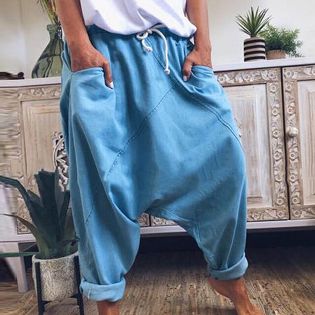 Wide-Leg Harem Trousers with a Dropped-Crotch Cut