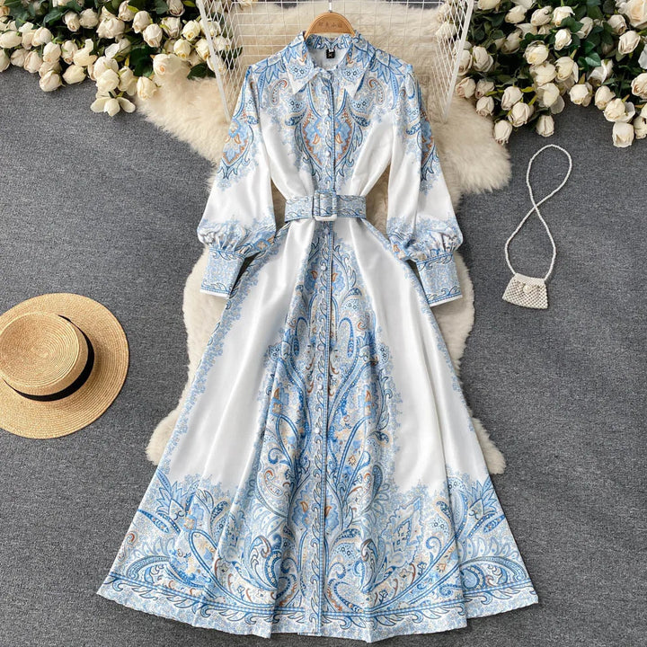 Floral Print A-Line Dress with Folded Collar and Belt
