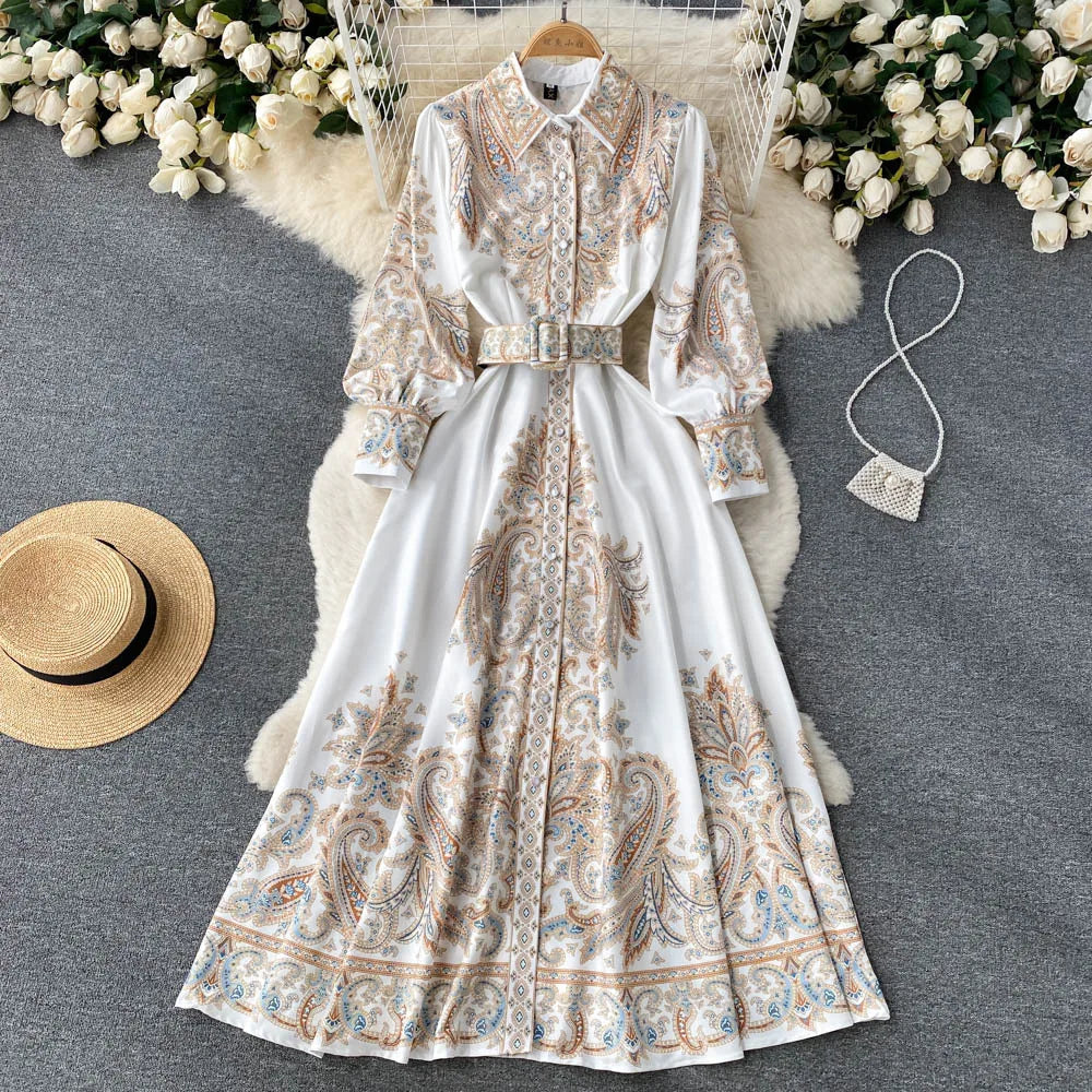 Floral Print A-Line Dress with Folded Collar and Belt