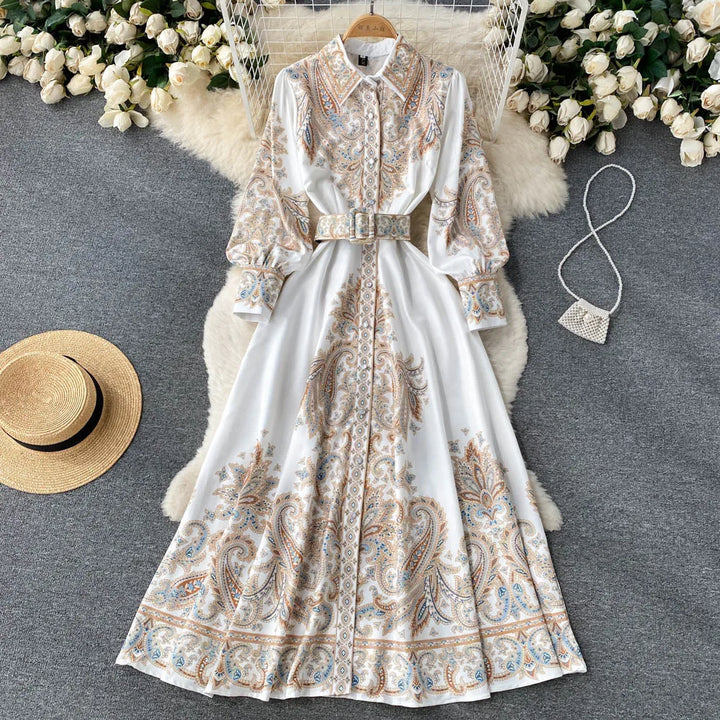 Floral Print A-Line Dress with Folded Collar and Belt
