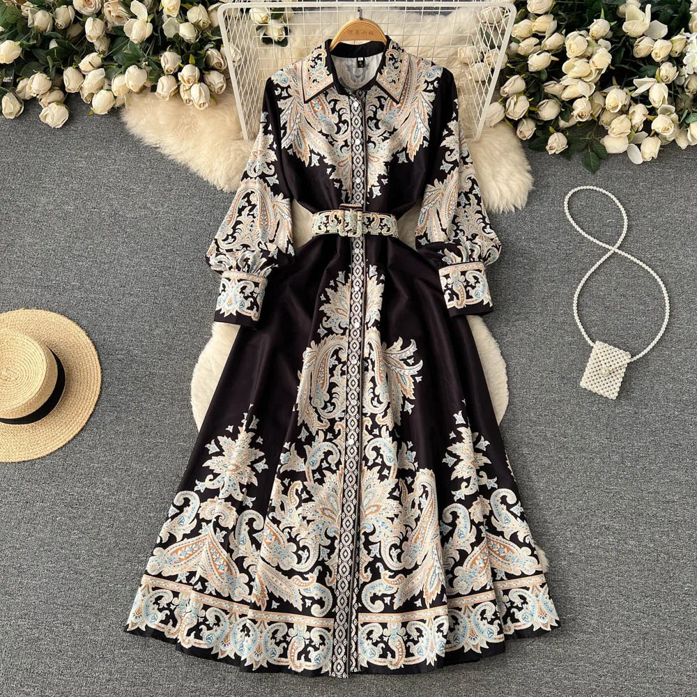 Floral Print A-Line Dress with Folded Collar and Belt