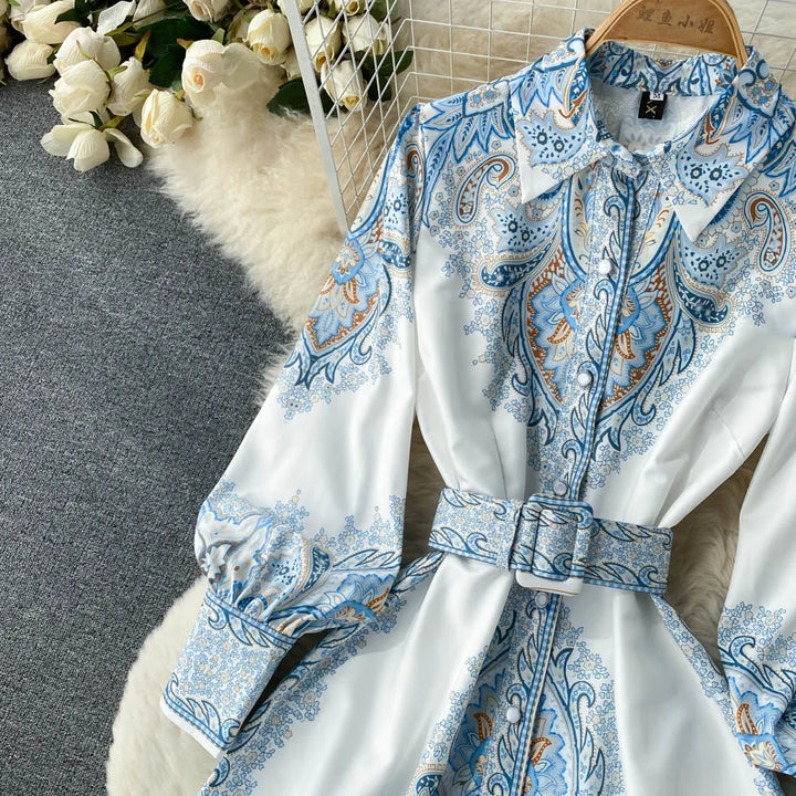 Floral Print A-Line Dress with Folded Collar and Belt