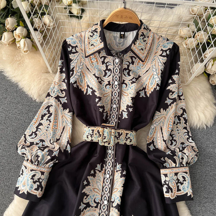 Floral Print A-Line Dress with Folded Collar and Belt