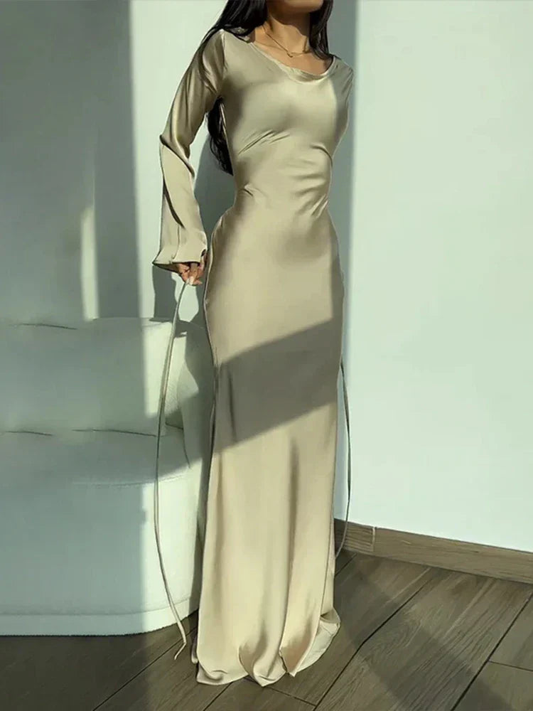 Round Neck Flowing Maxi Dress for Evening Occasions