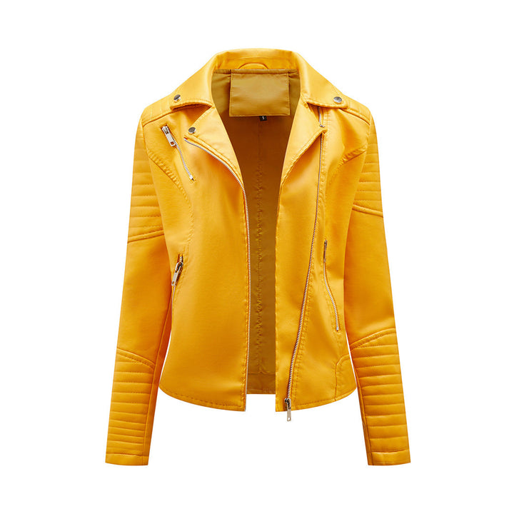 Asymmetric Zip PU Jacket with Lapel Collar for Women