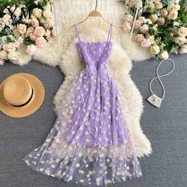 Daisy Print Spaghetti Strap Summer Dress for Women