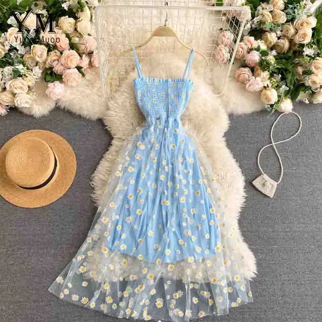 Daisy Print Spaghetti Strap Summer Dress for Women