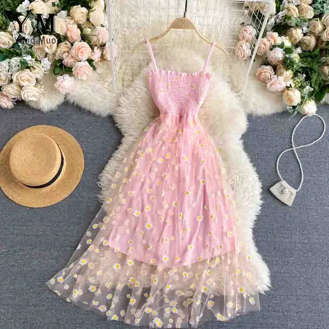 Daisy Print Spaghetti Strap Summer Dress for Women