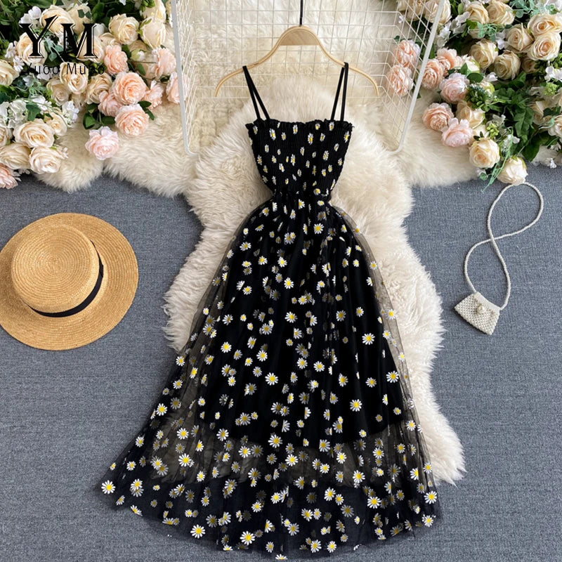Daisy Print Spaghetti Strap Summer Dress for Women