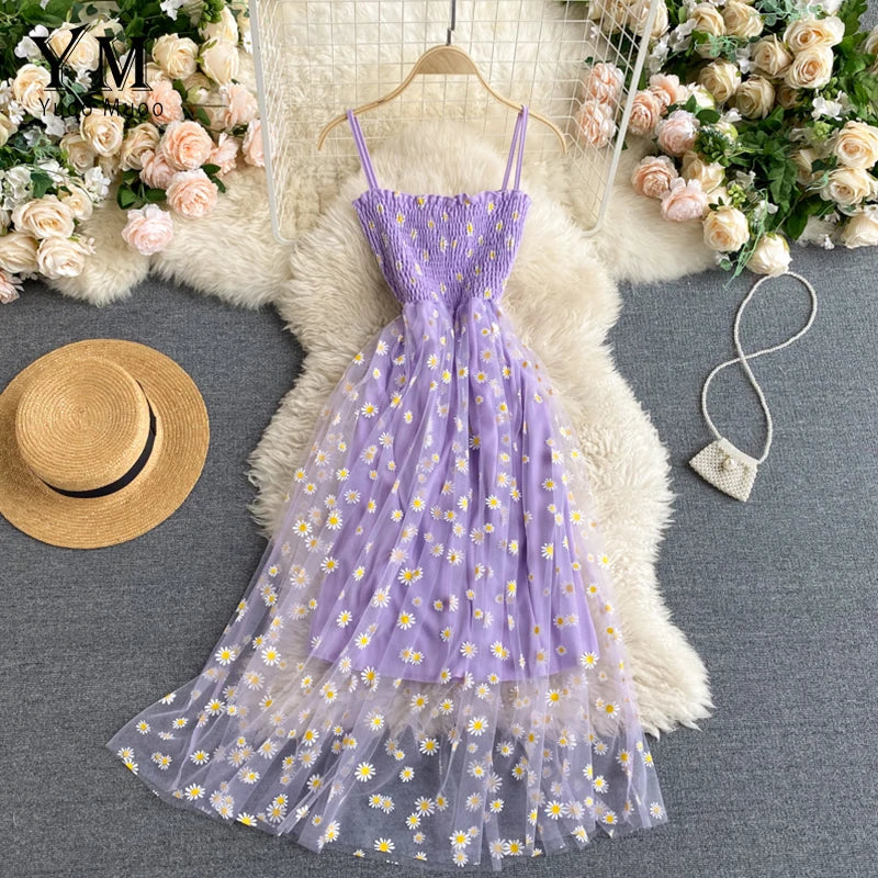 Daisy Print Spaghetti Strap Summer Dress for Women