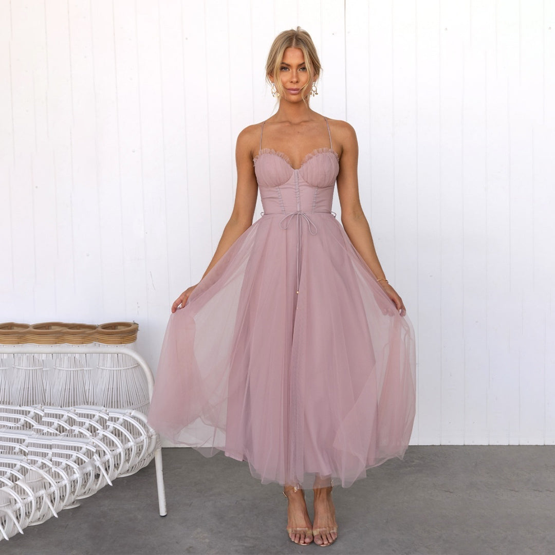 Strappy Evening Dress in Pink, Black and Brown