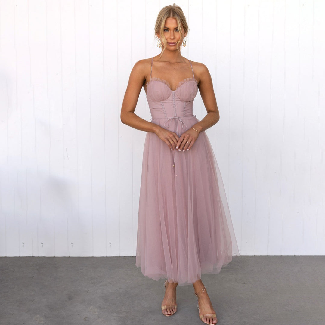 Strappy Evening Dress in Pink, Black and Brown