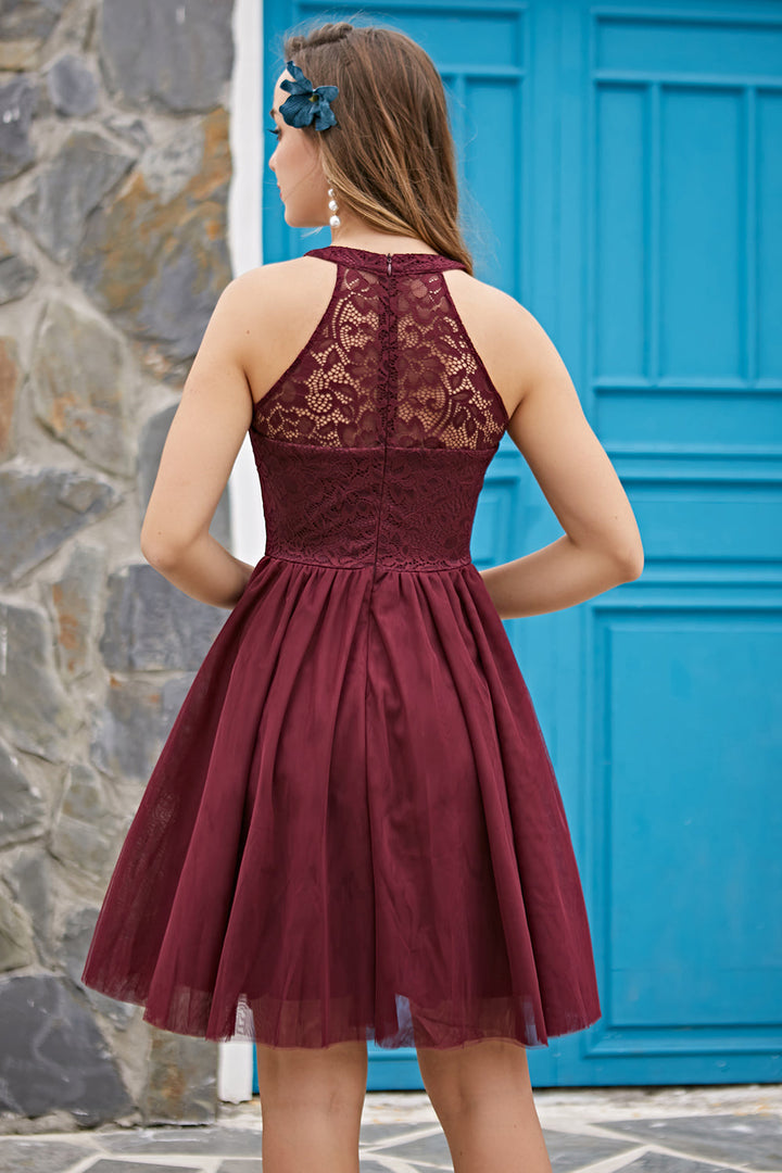 Burgundy Lace Halter Dress with Tulle Skirt for Women