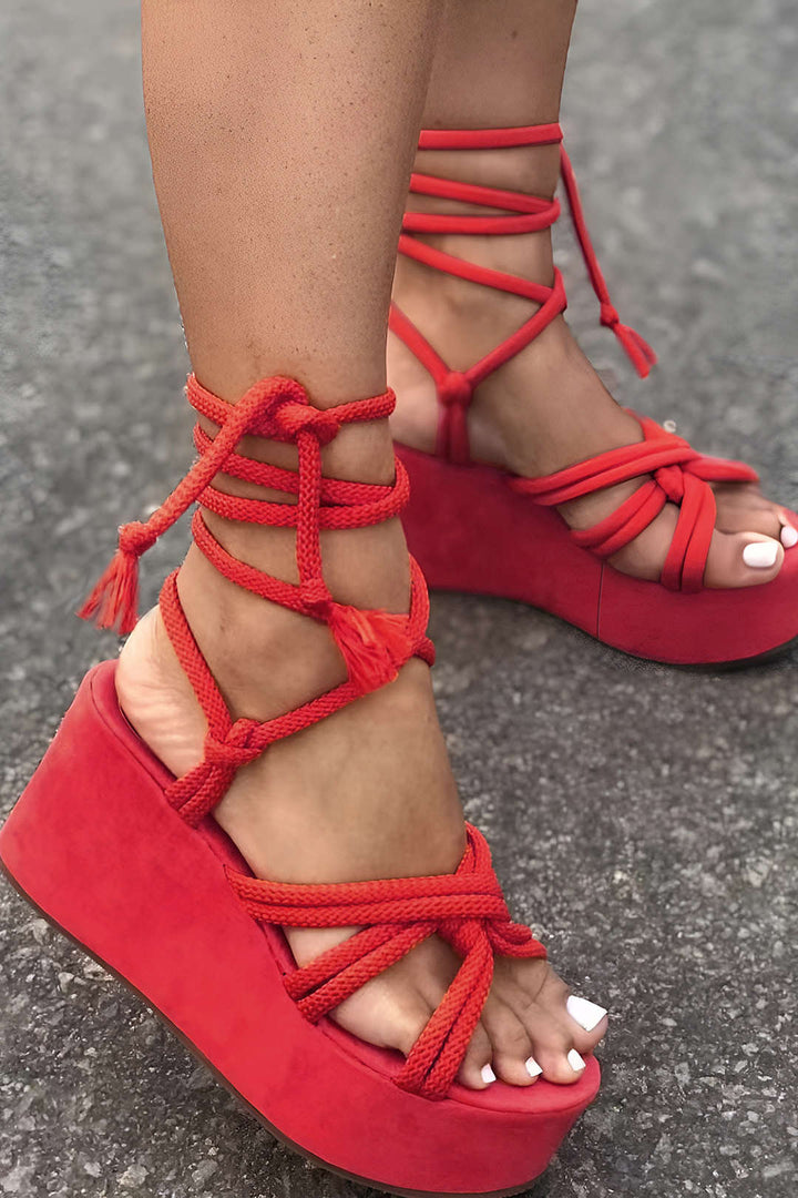Tie-Up Open Toe Platform Flats Sandals for Women - Red