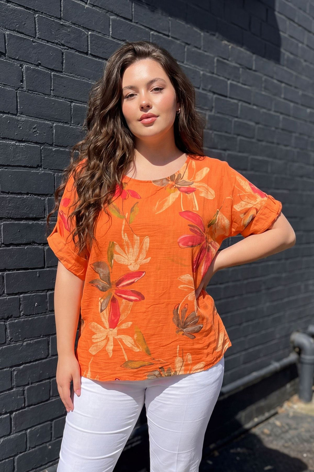 Floral Print Oversized Tunic Cotton Top for Women - Orange