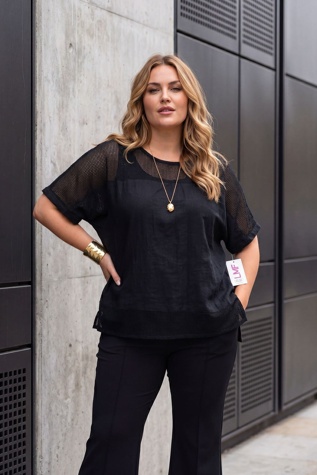 Textured Mesh Panel Tunic Cotton Top — Black