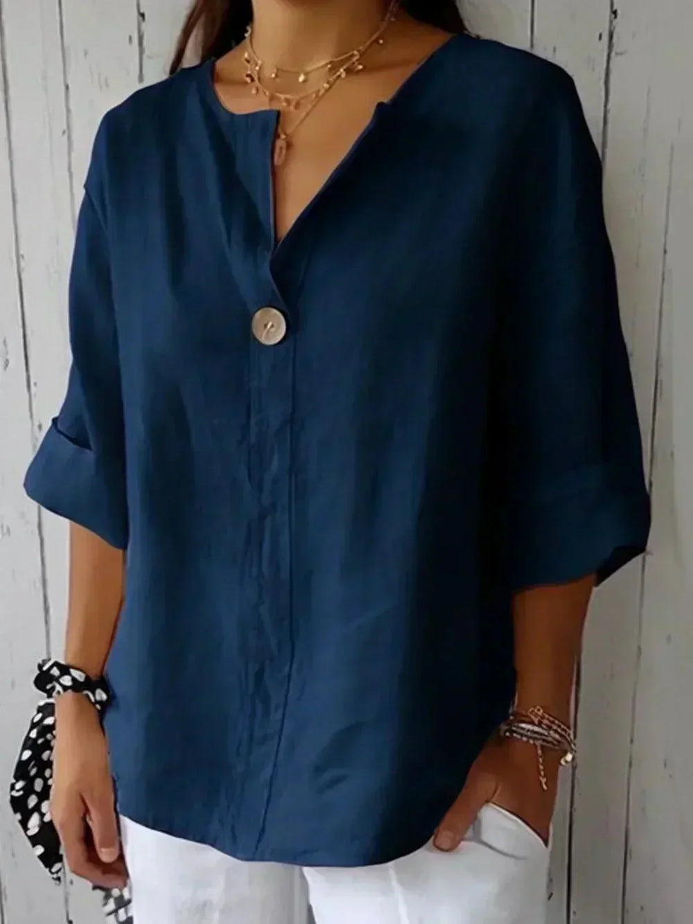 Zamma Relaxed V-Neck Top for Women - Navy Blue