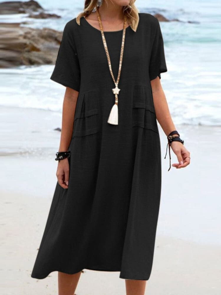 Loose-Fit Breathable Cotton Dress with Short Sleeves