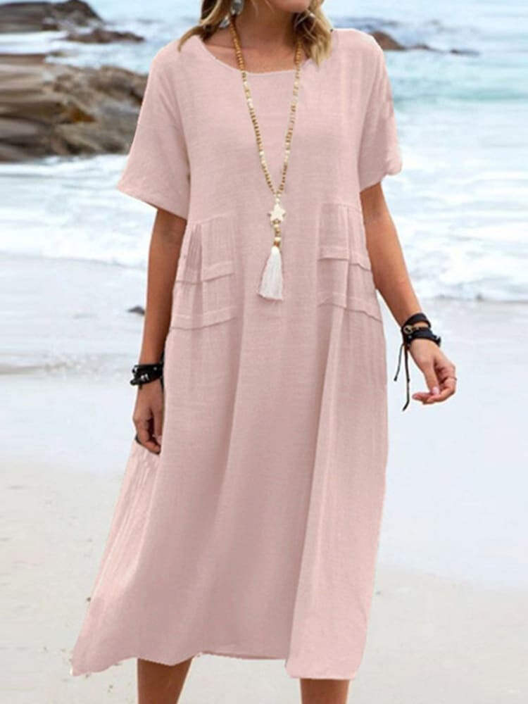 Loose-Fit Breathable Cotton Dress with Short Sleeves