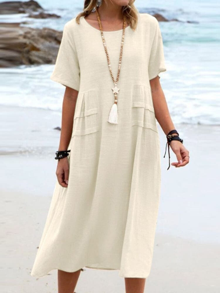 Loose-Fit Breathable Cotton Dress with Short Sleeves