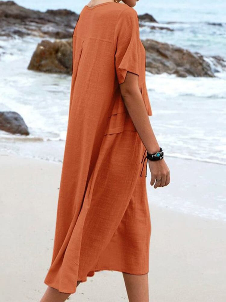 Loose-Fit Breathable Cotton Dress with Short Sleeves