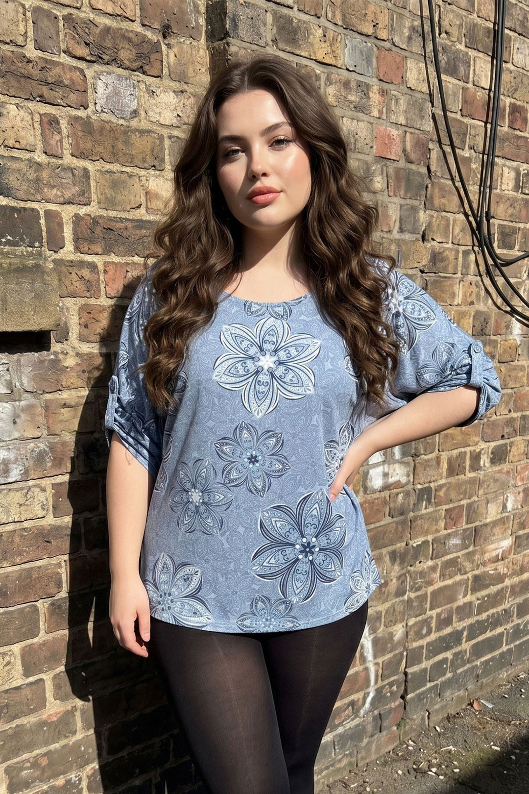 Abstract Floral Print Tunic Cotton Top for Women - Sky Blue