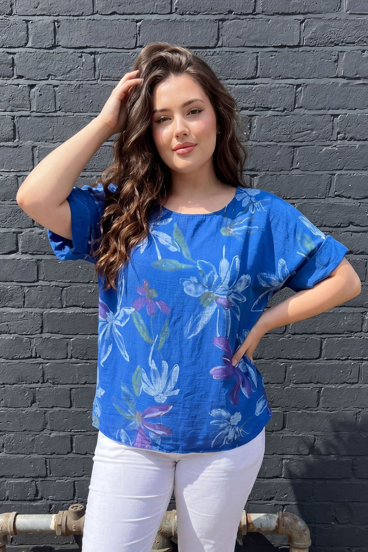 Floral Print Oversized Tunic Cotton Top for Women - Royal Blue